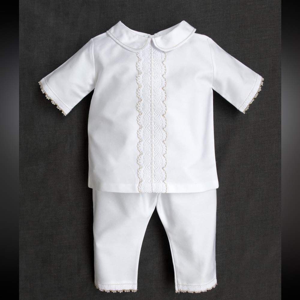 ✨ White Baby Boy Suit with Gold Thread Lace (9–12M) ✨